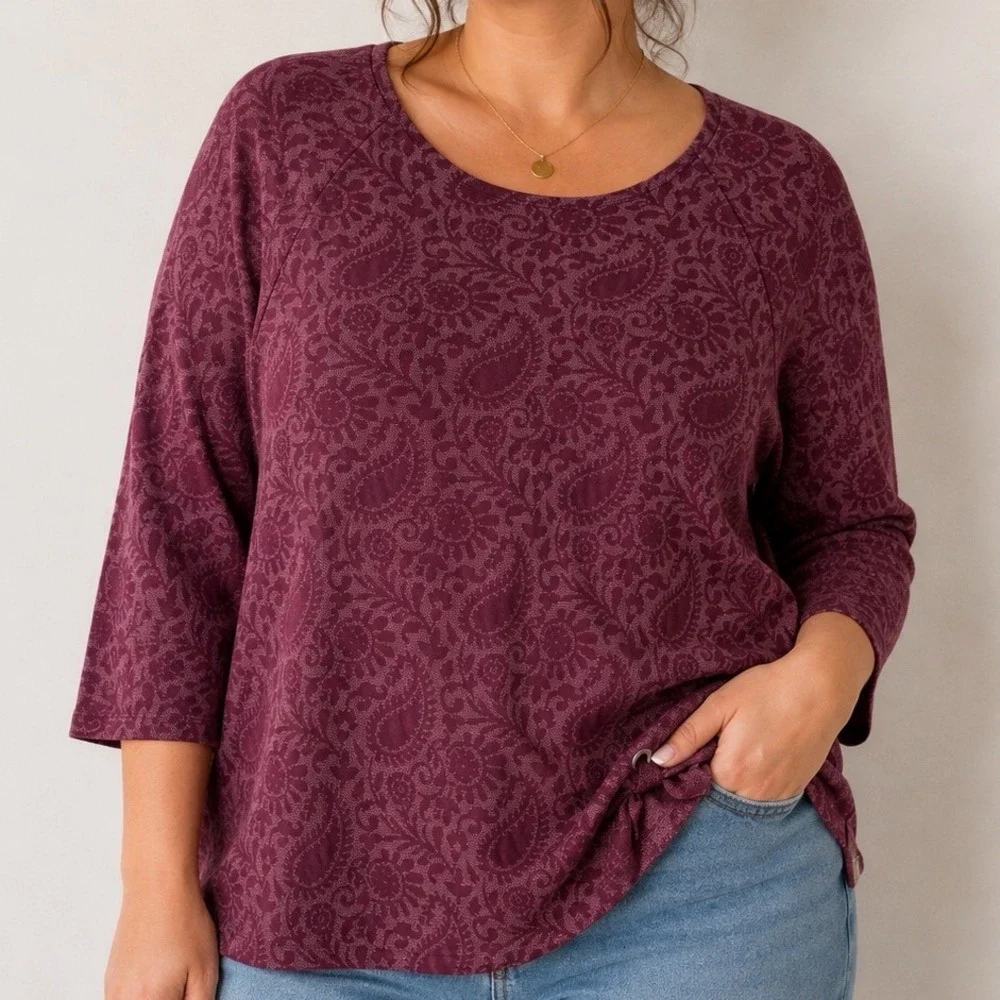 Chico's XL Burgundy Floral Jacquard Top 3/4 Sleeve Asymmetrical Hem Artsy Lagen
